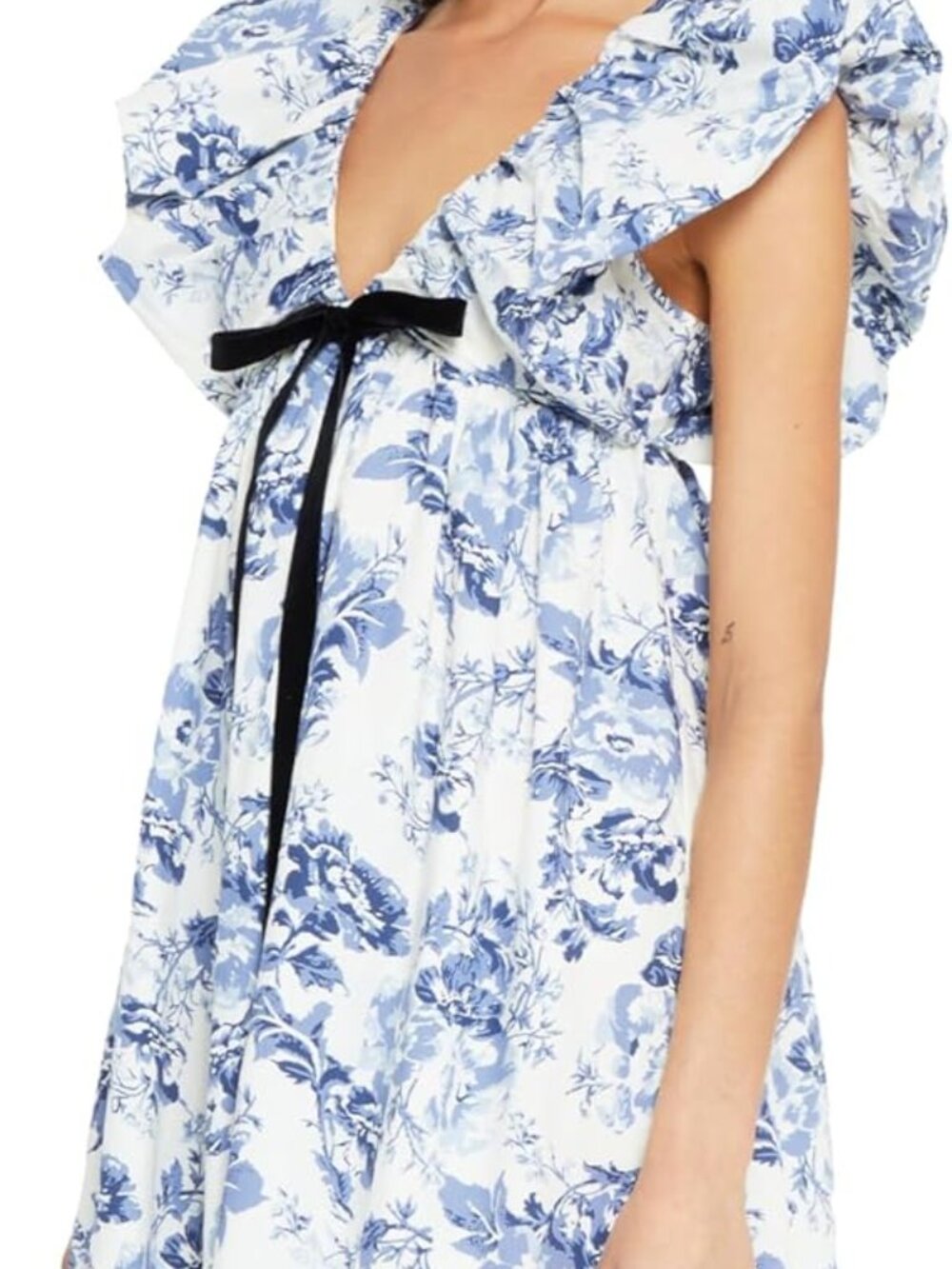 Women's Floral Bow V Neck Babydoll Mini Dress Flower Print Puffy Sleeve Boho Sho